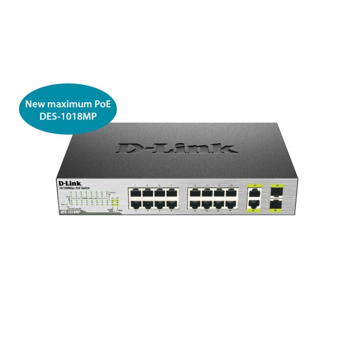 D-Link DES-1018MP 18-Port Gigabit PoE Switch with 2 Gigabit Uplink Ports D-Link DES-1018MP 18-Port Gigabit PoE Switch with 2 Gigabit Uplink Ports