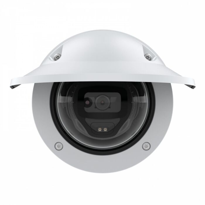 AXIS M3215-LVE 2MP Dome Camera with weather shield in wall mounted position facing head on. AXIS M3215-LVE 2MP Dome Camera with weather shield in wall mounted position facing head on.