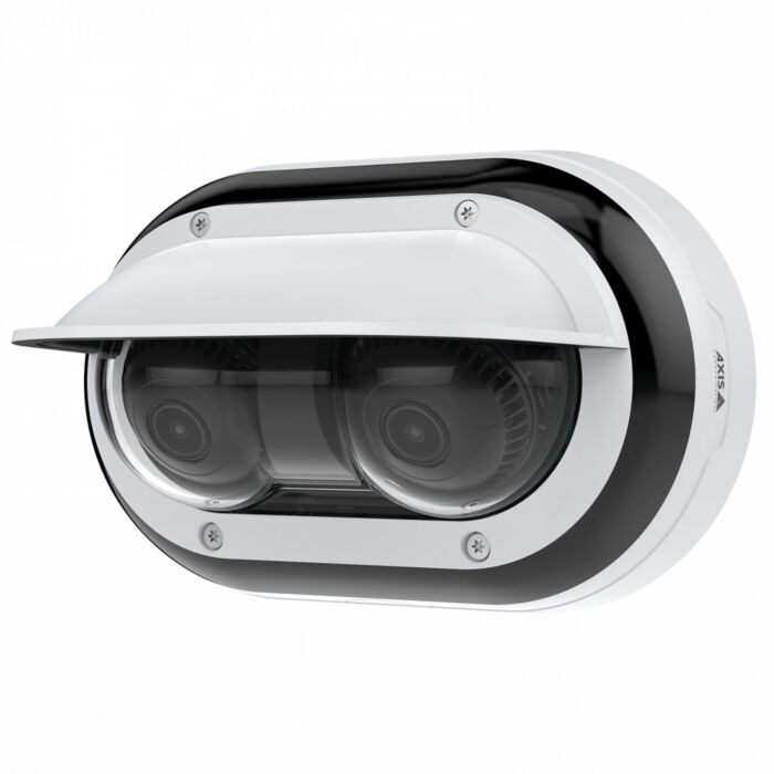 White Axis P4707-PLVE dual-sensor camera facing left with weather shield