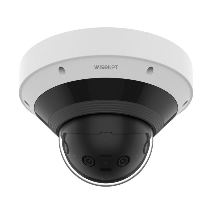 Wisenet PNM-C9022RV panoramic camera ceiling mounted position with four lenses facing forward in black and white Wisenet PNM-C9022RV panoramic camera ceiling mounted position with four lenses facing forward in black and white