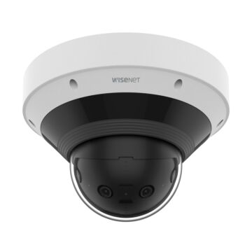 Wisenet PNM-C9022RV panoramic camera ceiling mounted position with four lenses facing forward in black and white