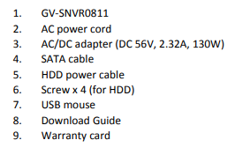 GV-SNVR0811 packing list text